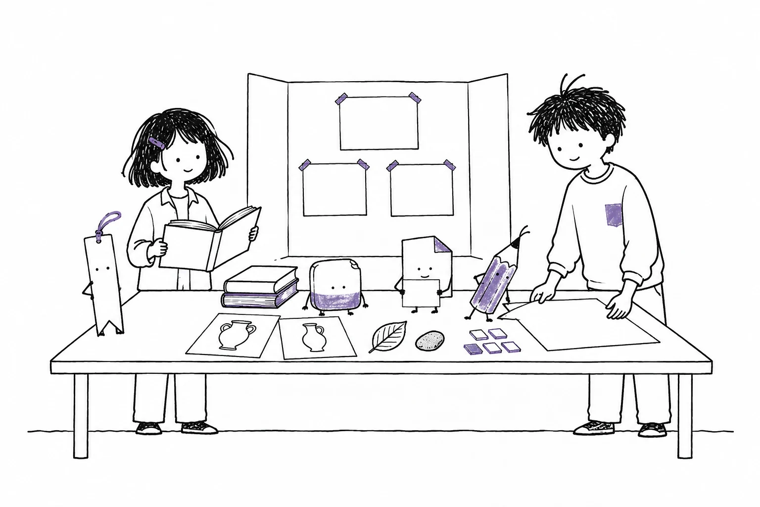 돌과 잎, 기록 카드를 놓고 관찰 방법을 살펴보는 준과 소이, 문구 친구들